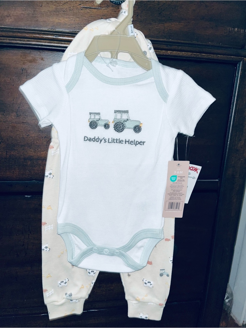 chick pea White and Light Green Tractor Embroidered Onesie with Printed Pants